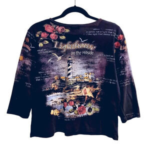 Flower & Ring Black Pink Gray Lighthouse Crystal Graphic Boutique Sweater Top XL